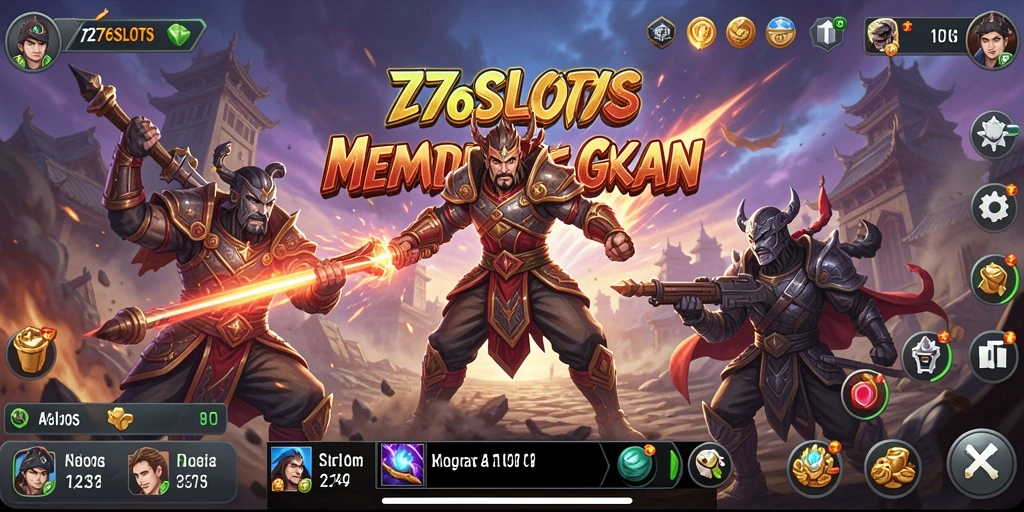 Screenshot gameplay 7276SLOTS menampilkan pertarungan seru dan karakter yang menakjubkan.