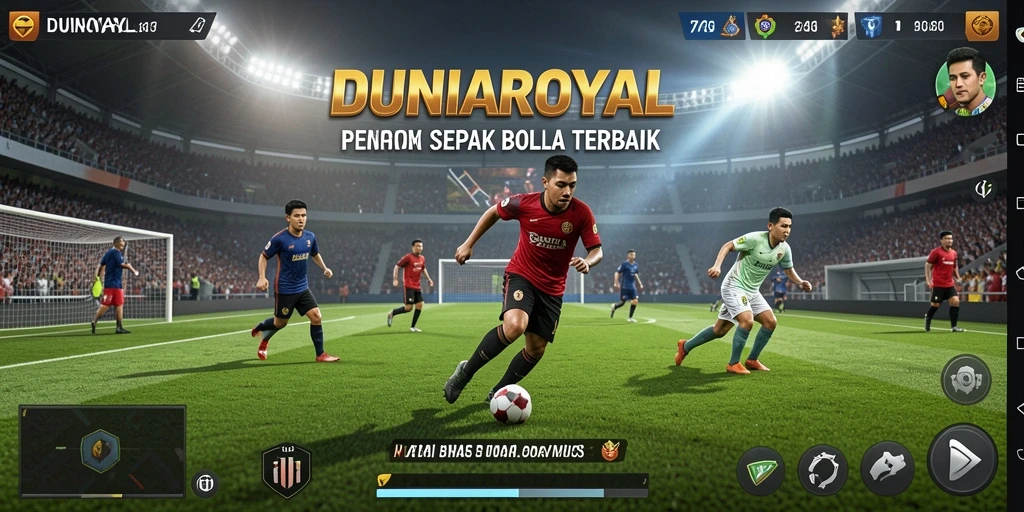 Screenshot DUNIAROYAL menampilkan aksi pertandingan sepak bola yang mendebarkan.