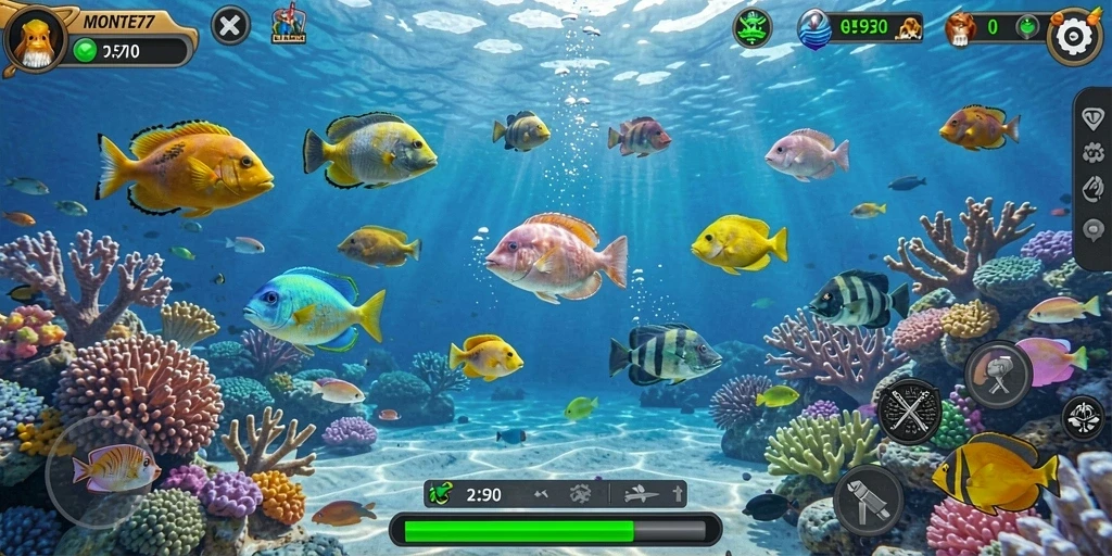 Tampilan gameplay seru dalam MONTE77 saat memburu ikan.