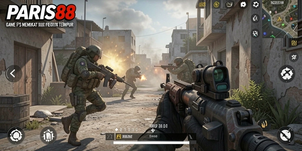 Screenshot PARIS88 menunjukkan aksi intens dalam pertempuran FPS.