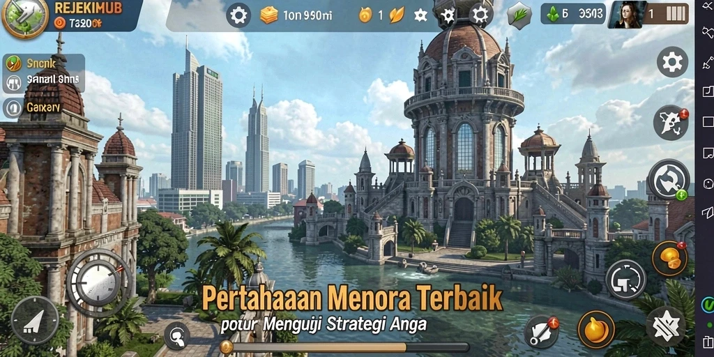 Screenshot gameplay menampilkan menara strategis melawan gelombang musuh.